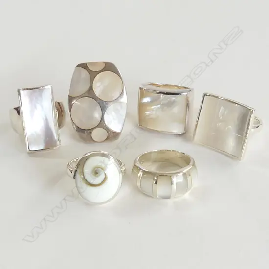 6 SILVER MOP SET DRESS RINGS, NEW
