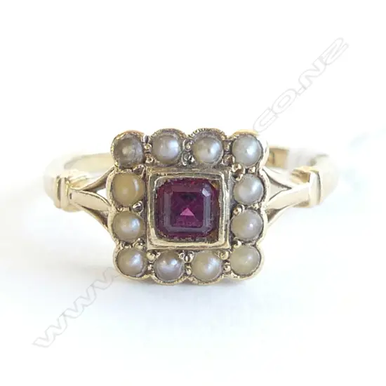 VICTORIAN 18ct YG RUBY & SEED PEARL RING (FAULTS) 2.4gms SIZE H 1/2
