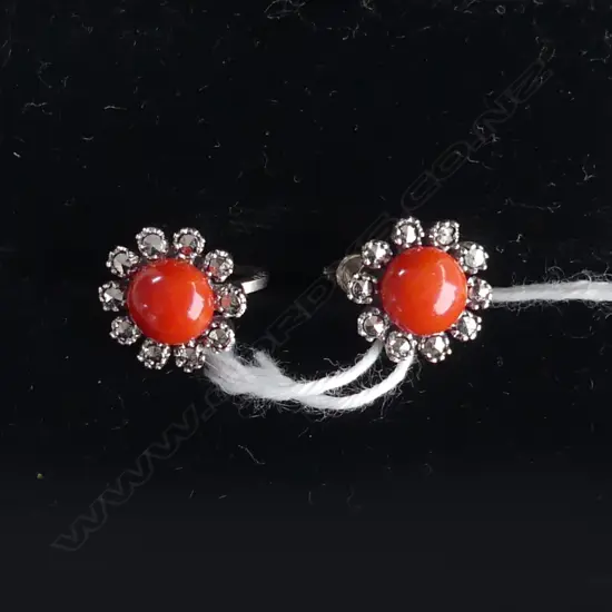 .835 SILVER  CORAL & MARCASITE  SCREW ON EARRINGS