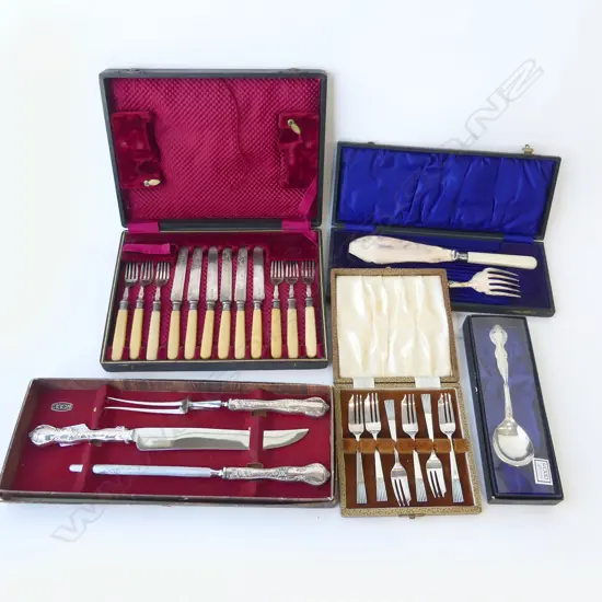 5 VINTAGE EPNS CUTLERY SETS, BOXED