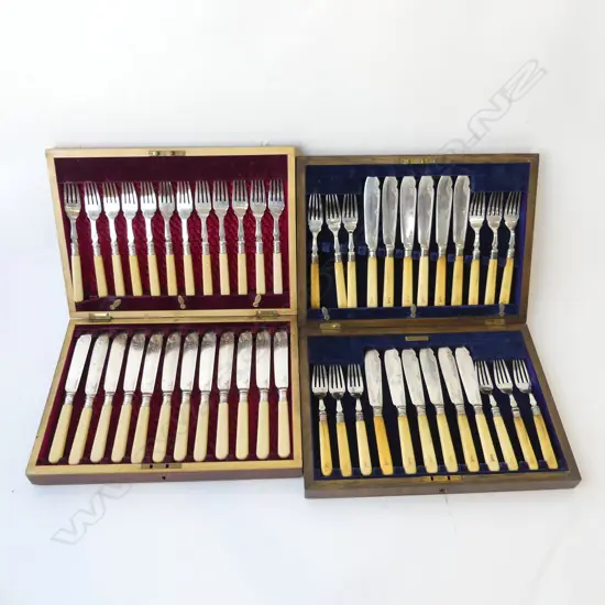 TWO BOXED FISH SETS ONE MAHOGANY OTHER OAK CASED WITH STERLING SILVER FERRULES 