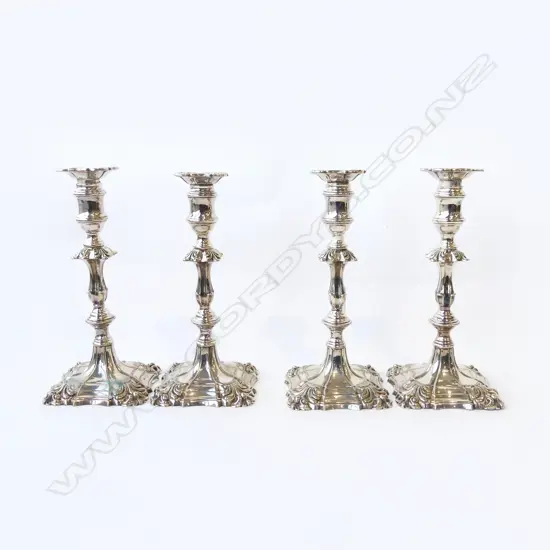 4 EDWARDIAN SILVER PLATE CANDLESTICKS, 1760 STYLE H.235mm