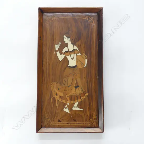 INLAID WOOD & BONE MARQUETRY PLAQUE, WOMAN WITH DEER,440 x 230mm