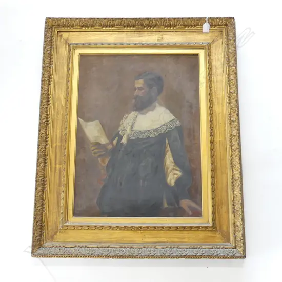 19thC OIL ON CANVAS BY MARY MCARTHUR (ENGLISH) 'A CHALLENGE' SIGNED & DATED 1882 PORTRAIT GILT FRAMED labelled verso