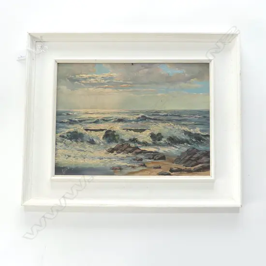 OIL ON BOARD ROCKY BEACH SIGNED J STEEL H430 L560MM