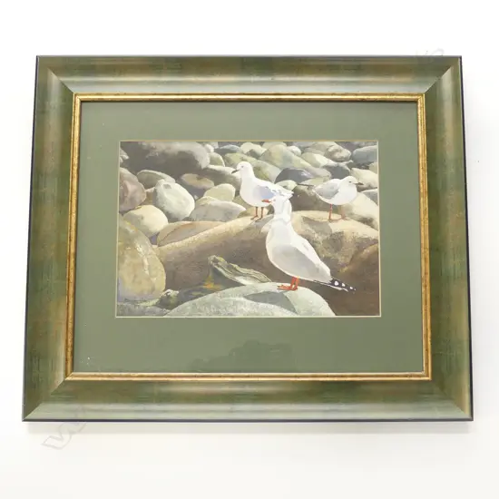 W/C SEAGULLS ON ROCKY SHORE SIGNED STEVE HALL H520 L630MM