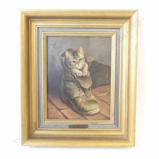 ANTIQUE ARTIST UNKNOWN, KITTEN IN BOOT, OIL ON BOARD 215x165mm