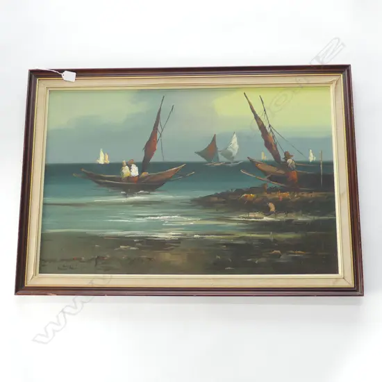 RETRO OIL TROPICAL ISLAND FISHING BOATS SIGNED INDERSTINCTLY H600 L880MM
