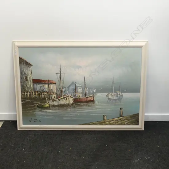 W. JONES, HARBOUR SCENE, OIL ON BOARD 600x900mm