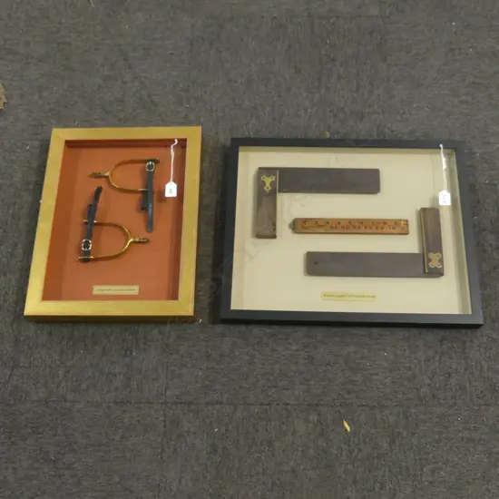 2 FRAMED ARTWORKS; SET SQUARES 435x540mm & SPURS 455x355mm overall sizes