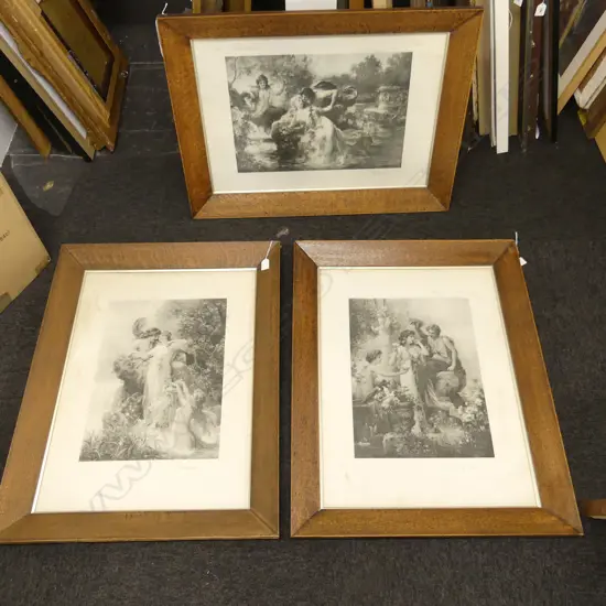 3 LG VINTAGE PRINTS, OAK FRAMES 