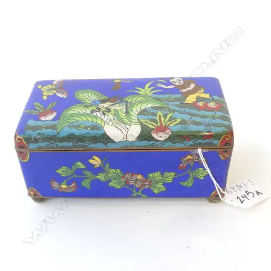 ORIENTAL OBLONG OLD CLOISONNE (JEWEL) BOX GARDEN SCENE L.154mm blue ground