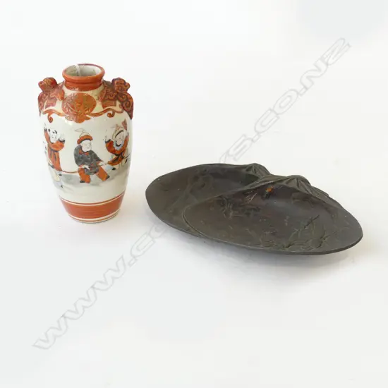 OLD JAPANESE KUTANI VASE with figures pulling a cart H.120mm +  WHITE METAL 2 SHELL DISH W Samurai scene 