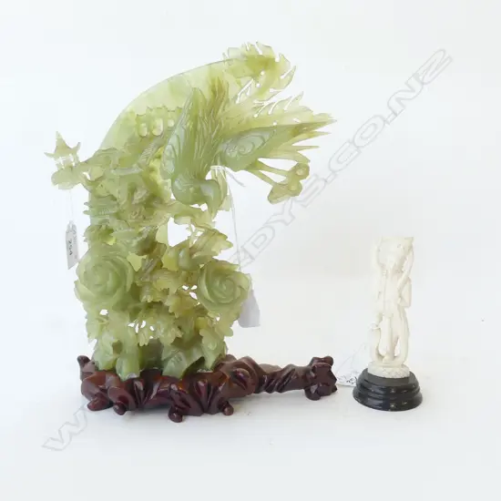 ORIENTAL JADE SCULPTURE BIRD AMONGST FOLIAGE (SOME CHIPPING) H.270mm  & IVORY CARVED FIGURE H. 130mm 
