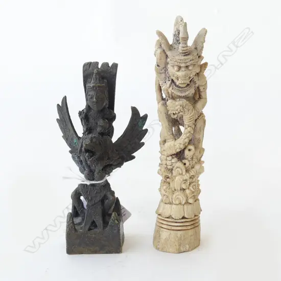 INDONESIAN BONE CARVING H.160mm, METAL WINGED FIGURE H.130mm