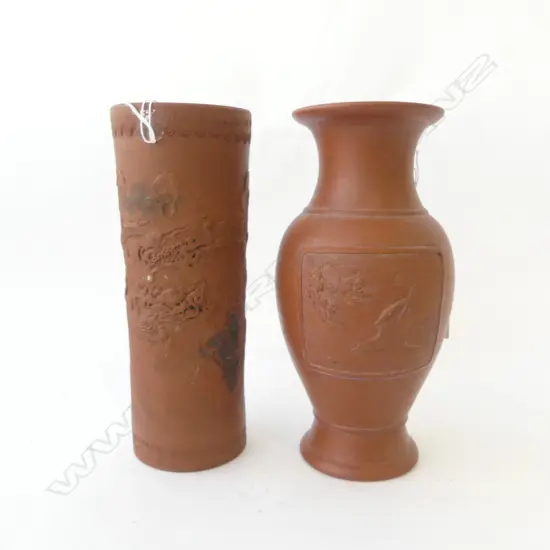 2 ORIENTAL TERRACOTTA VASES; DRAGON & BIRD DESIGN H.240mm