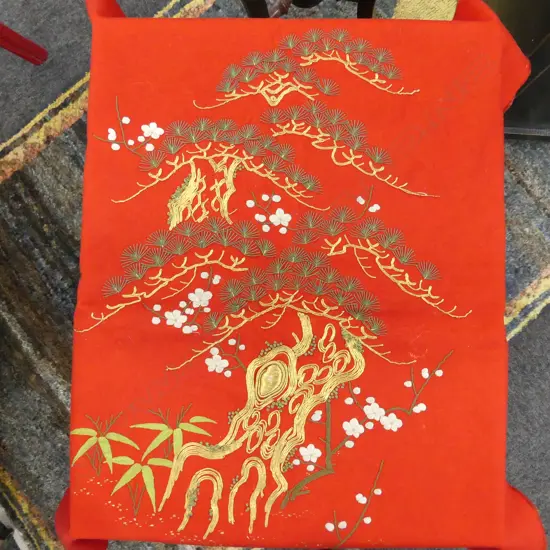 ORIENTAL EMBROIDERED PANEL; TREE ON RED GROUND 700x600mm