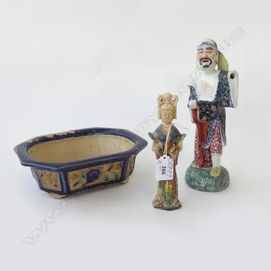 2 CHINESE FIGURES" PORCELAIN w arm missing + TANG STYLE COURTESAN FIGURE + IKIBANA DISH