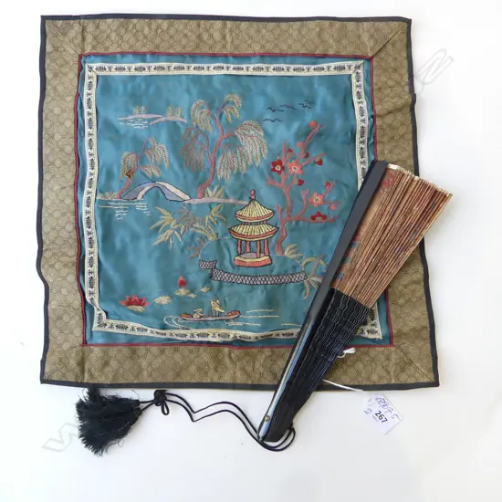 CHINESE SILKNHAND EMBROIDERED PANEL + FAN W HUNTING SCENE some damage