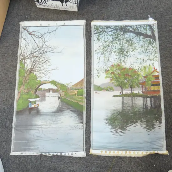 2 VINTAGE CHINESE SILK MACHINED EMBROIDERIES Winter bridge & Spring Coastal 700 x 400mm