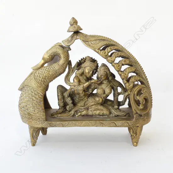 INDIAN BRONZE/BRASS? FIGURE GROUP OF COURTING COUPLE within a bird type alter. L.270mm