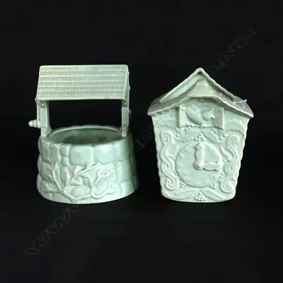 CROWN LYNN MOULDED 1950S GREEN WISHING WELL  # .558 H. 160mm & CROWN LYNN CUCKOO CLOCK ( MINOR FRIT ) H. 150mm