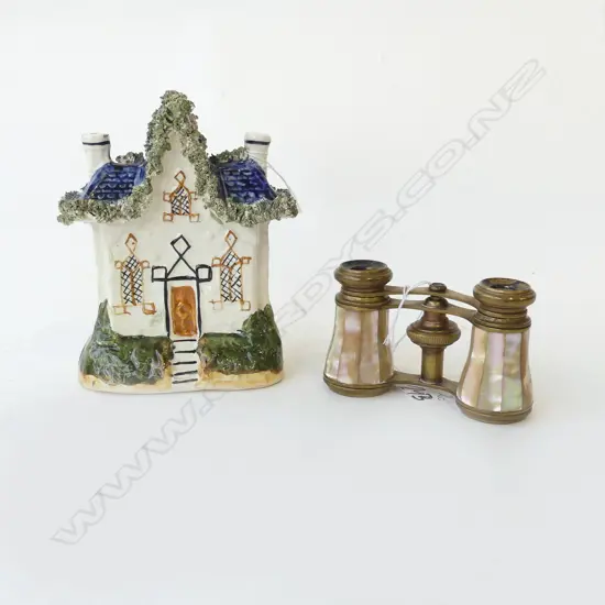 OLD VICTORIAN FLATBACK AS COTTAGE H. 140mm & MOP OPERA GLASSES 