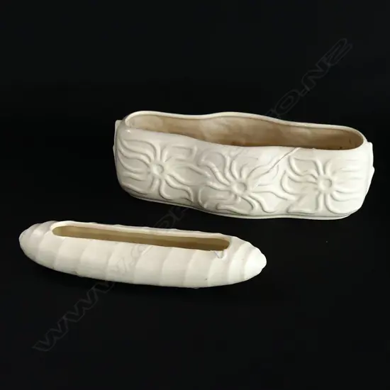 TWO CROWN LYNN WHITE MOULDED TROUGH VASES, #.107 L.260mm & CIGAR SHAPED NUMBER 137?, L.220mm