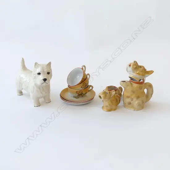 PART JAPANESE CHILDS TEASET SCOTTISH TERRIER THEME (SOME DAMAGE) & OTHER BESWICK TERRIER L.140mm 