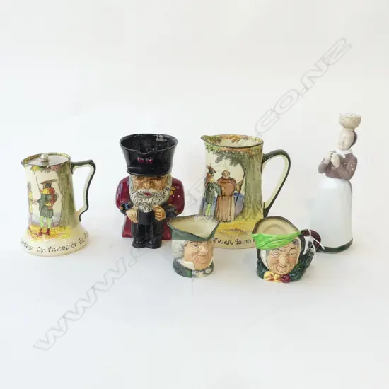 6 PCES CHINA; 4 ROYAL DOULTON (1 AF), B&G FIGURE H.235mm, CHARACTER JUG