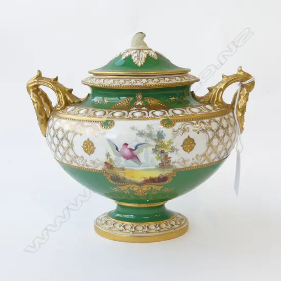 20thC ROYAL CROWN DERBY PEDESTAL OVAL LIDDED URN cartouches painted with birds & florals lavishly gilded