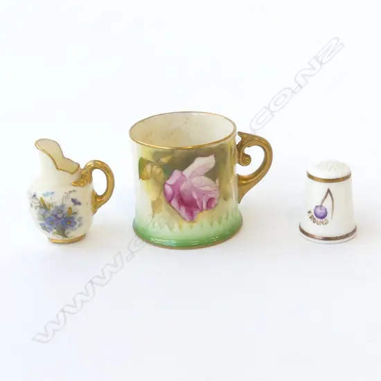 3 SMALL ROYAL WORCESTER PIECES: MINI JUG floral painted + rose painted mini mug + thimble