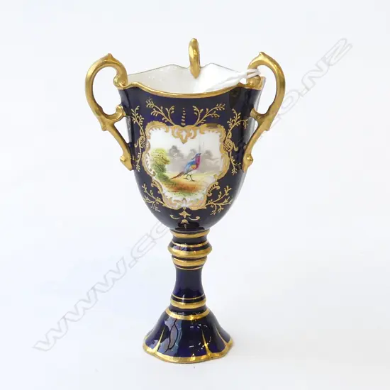 COALPORT COBALT PAINTED SMALL PEDESTAL LOVING CUP URN bird in cartouch. Gilded H.105mm