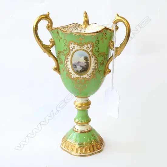 COALPORT COBALT PAINTED SMALL PEDESTAL LOVING CUP URN coastal landscape in cartouch. Gilded H.175mm