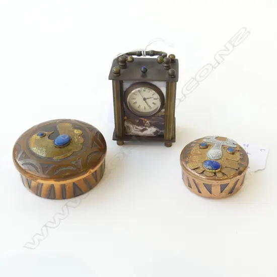 TWO ROUND BOXES FROM PERU LAPIS LAZULI IN CABACHONS ON LIDS 65 & 45mm dia & SMALL METAL CLOCK WITH  SCENES & PROPER MVT