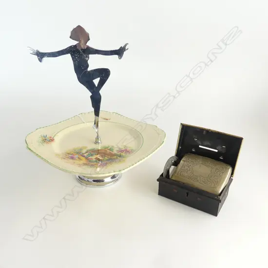 SMALL COIN TIN OF BADGES CIG CASE ETC WITH CROME LADY CAKE PLATE H250MM