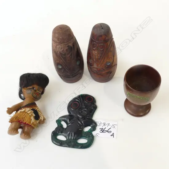 VINTAGE PLASTIC HEI TIKI maybe AirNZ + PR CARVED CONDIMENTS + SMALL RUBBER DOLL + TURNED EGG CUP 'Arapuni Forrest Buried