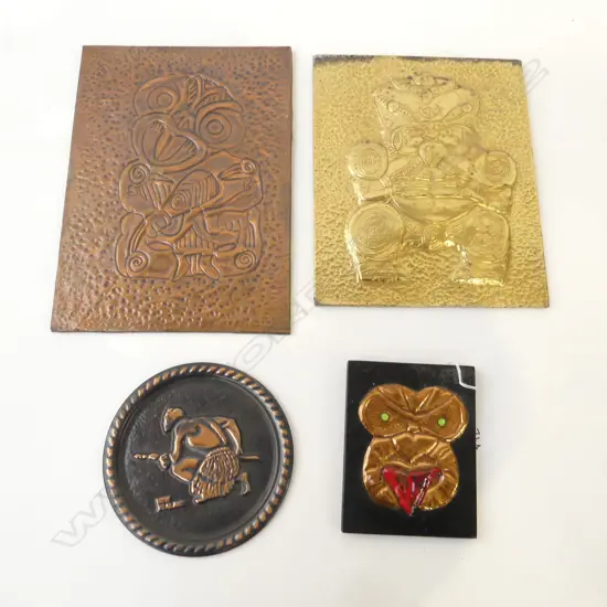 4 VINTAGE MAORI EMBOSSED PLAQUES COPPER & BRASS. Tallest H.290mm.
