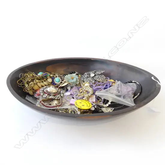 WOOD BOWL FULL OF COSTUME JEWLERY