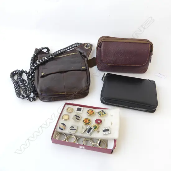 3 LEATHER BAGS, ASST. CUFFLINKS & RINGS