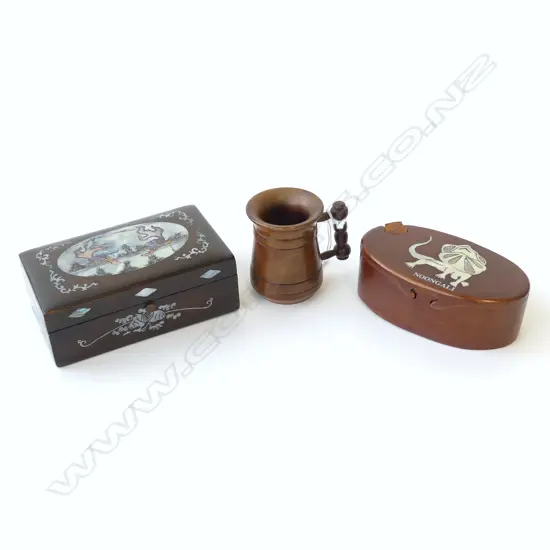 SMALL JUG MADE FROM SWAMP MATAI H.60mm, MOP INLAID BOX OF FISH L.110mm & OVAL PUZZLE BOX 'NOONGALI' TO THE LID L. 100mm