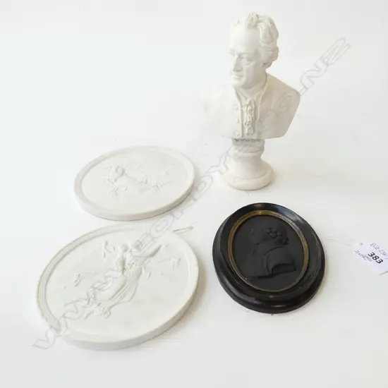 PR ENERET PLAQUES 125mm dia, GOETHE BUST H.165mm (faults), WEDGWOOD BASALT CAMEO