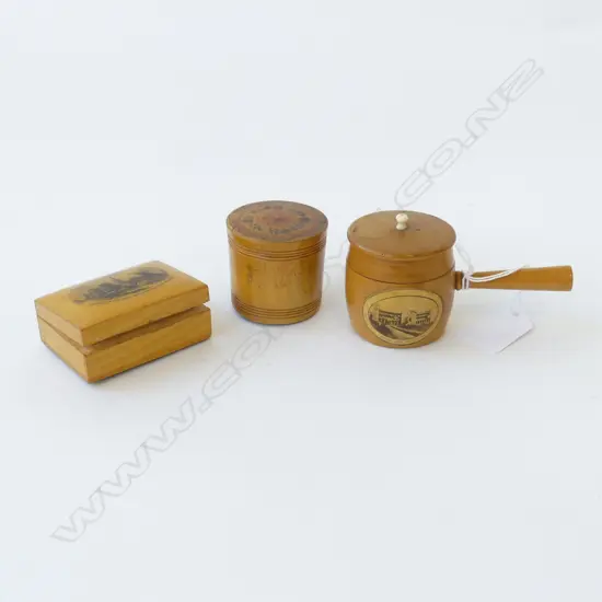 TWO MAUCHLINE WARE ITEMS ONE AS LIDDED  COOKING POT OTHER STAMP HOLDER & CIRCULAR TREEN DIA 45mm