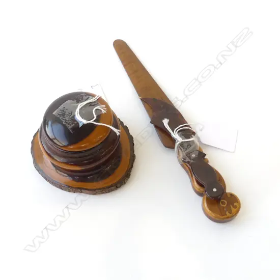 LIDDED WOODEN INKWELL MADE FROM 'OLD MANNA TREE' AUSTRALIA, LETTER OPENER INLAID L.210mm & FAUX TORTOISHELL OPENER L.105