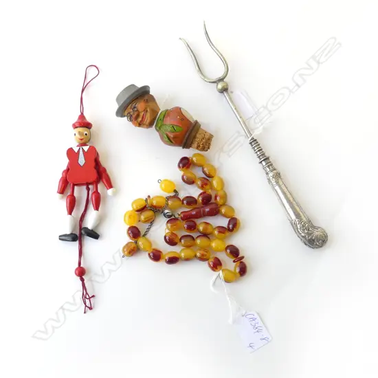 CLASSIC GERMAN CARVED BOTTLE STOP, NICELY COLORED NECKLACE, WOODEN ARTICULATED TOY L.120mm & SILVER TOASTING FORK