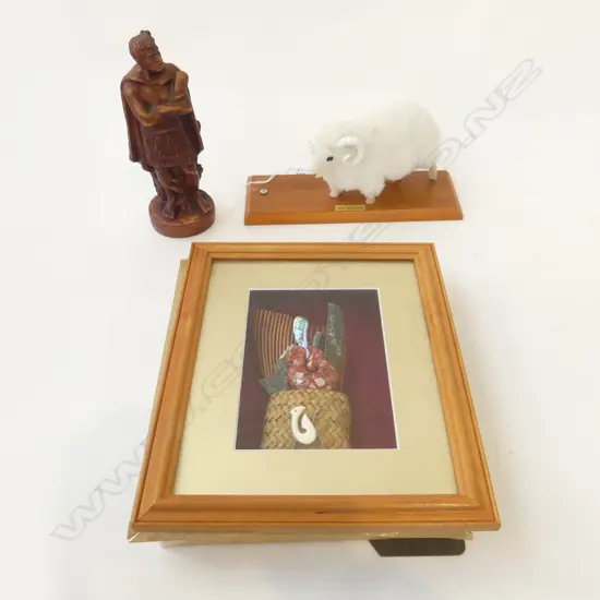 3 ITEMS"FRAMED MAORI OBJECT DISPLAY + RESIN WARRIOR FIGURE + SHEEP ON STAND
