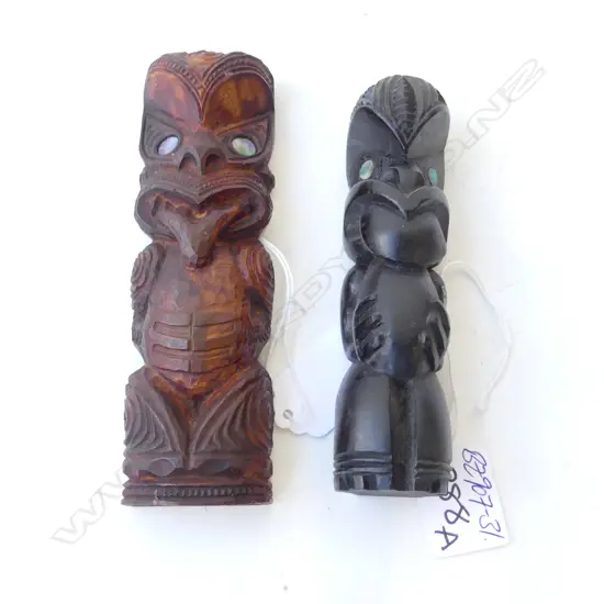 2 VINTAGE MAORI CARVED TEKOTEKO FIGURES Tallest 145mm labelled verso