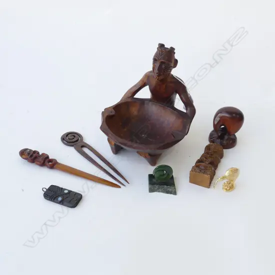 MAORI CARVINGS ETC pounamu small koru + gilt kiwi + wood kiwi + Pacific woods figured bowl etc