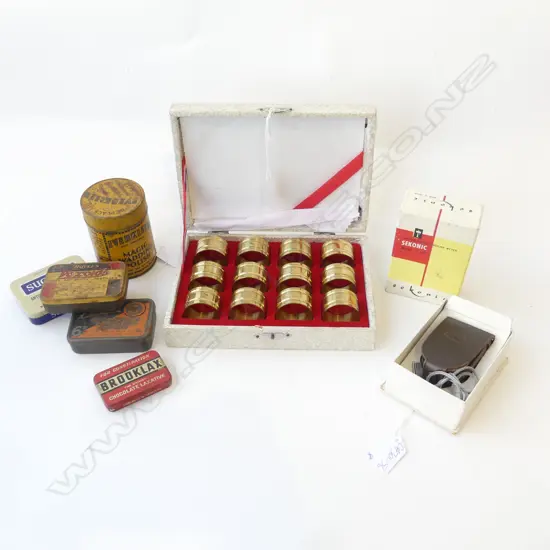 FOUR SMALL TINS SMALL LACE OR TIE IRON SEKONIC LIGHT METER & BOXED SERVIETTE RINGS GOLD PLATED 
