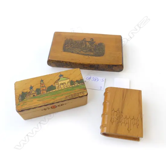 SMALL WOODEN 'BOOK' WITH VIEWS OF RIGA INSIDE, MAUCHLINE BOX VICTORIAN SCENE L. 130mm & SMALL BOX RUSSIAN?